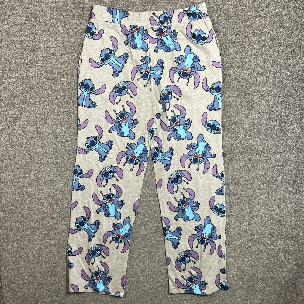 Disney Lilo & Stitch Pajama Pants Womens M Gray Character Print Lounge Pockets - Picture 5 of 9
